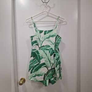 Green and White Leaf Print Romper